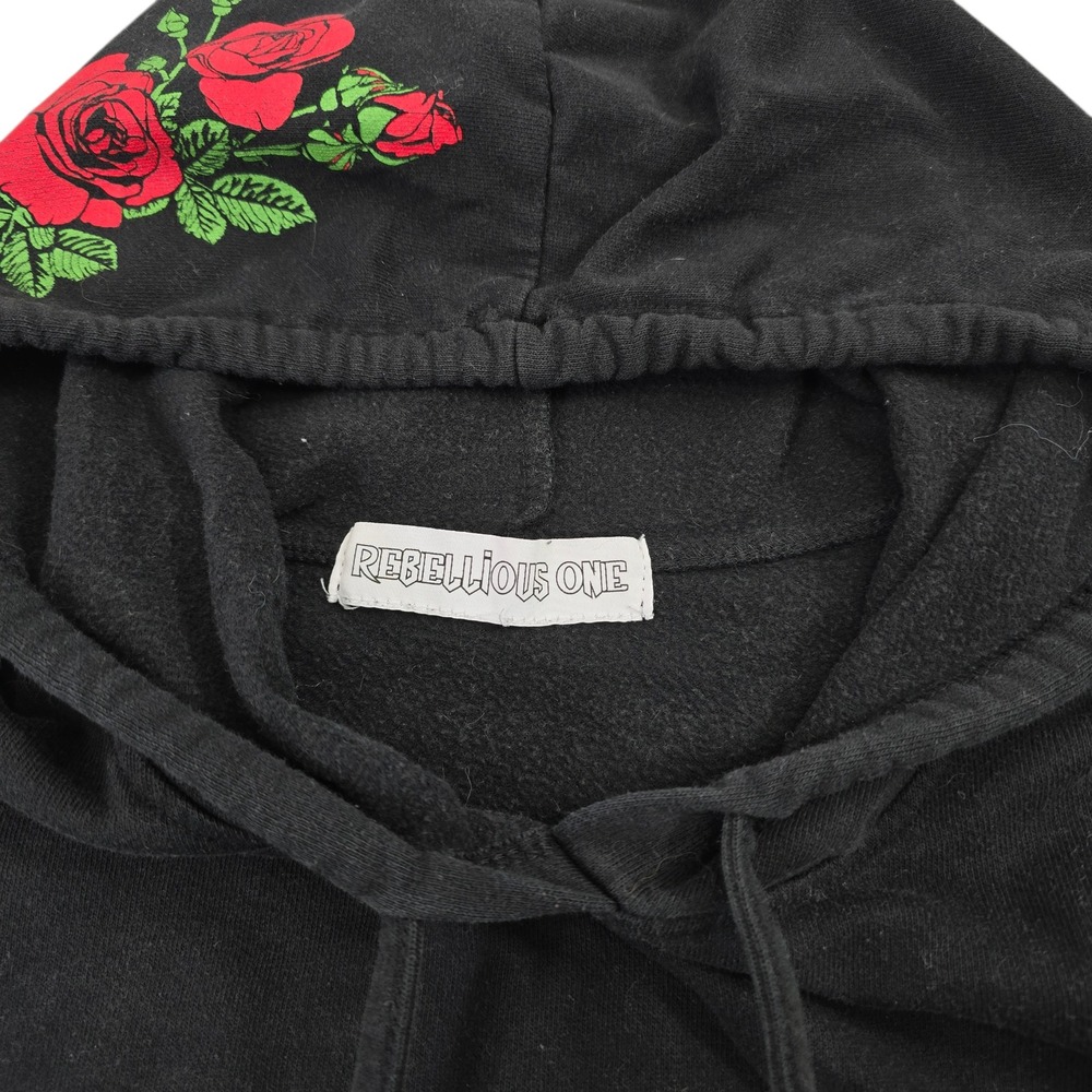 Rebellious One Womens Black Rose Floral Graphic Cropped Hoodie Sweatshirt L - Picture 5 of 9